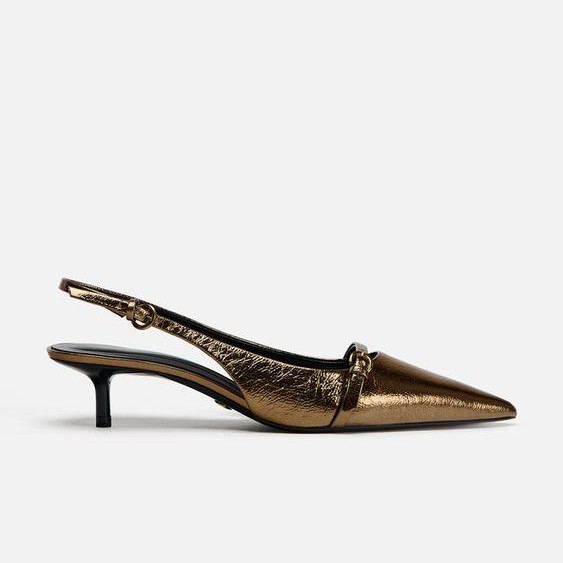 METALLIC EFFECT SLING BACK KITTEN HEELS